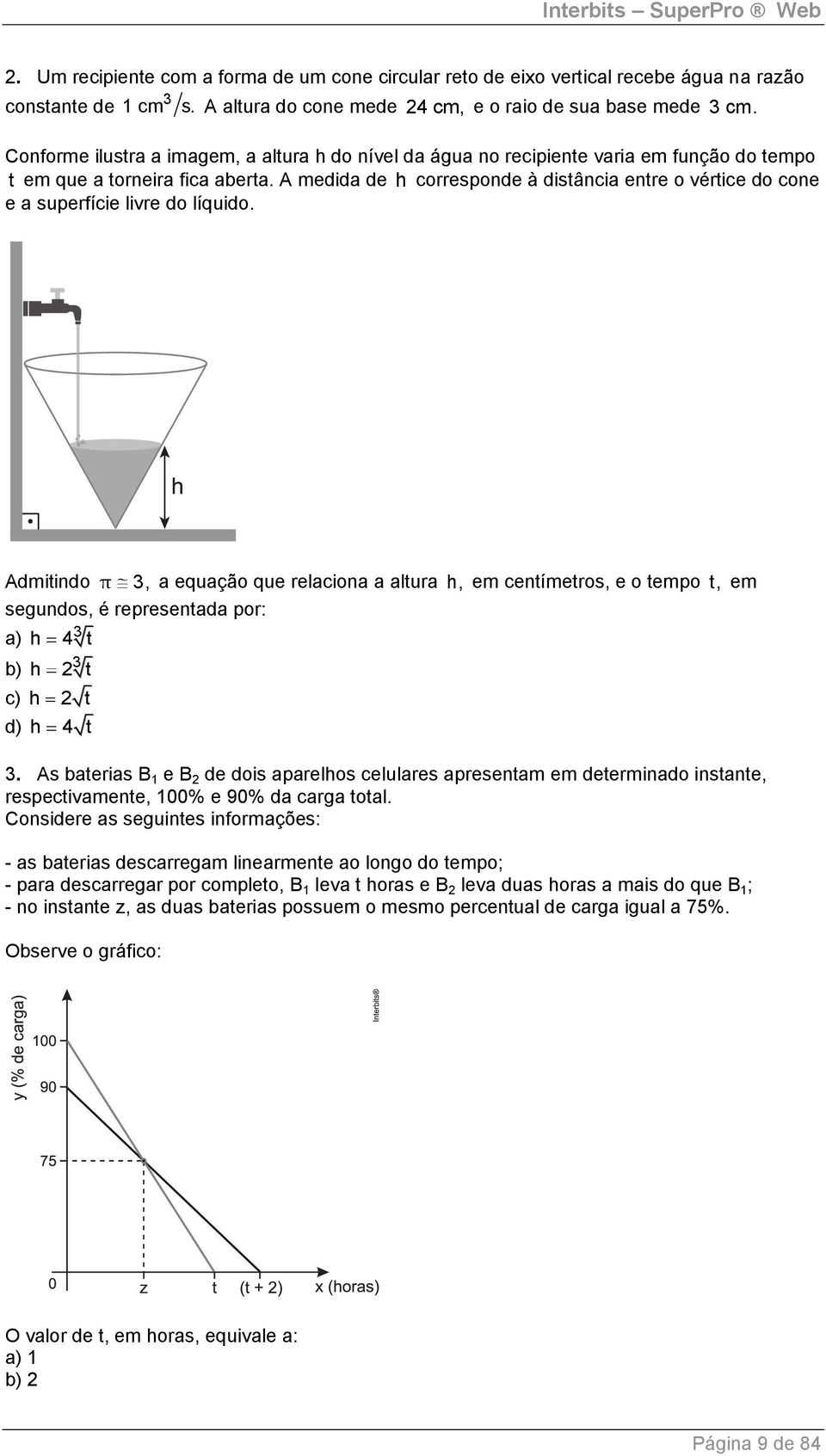 A medida de h corresponde à distância entre o vértice do cone e a superfície livre do líquido.