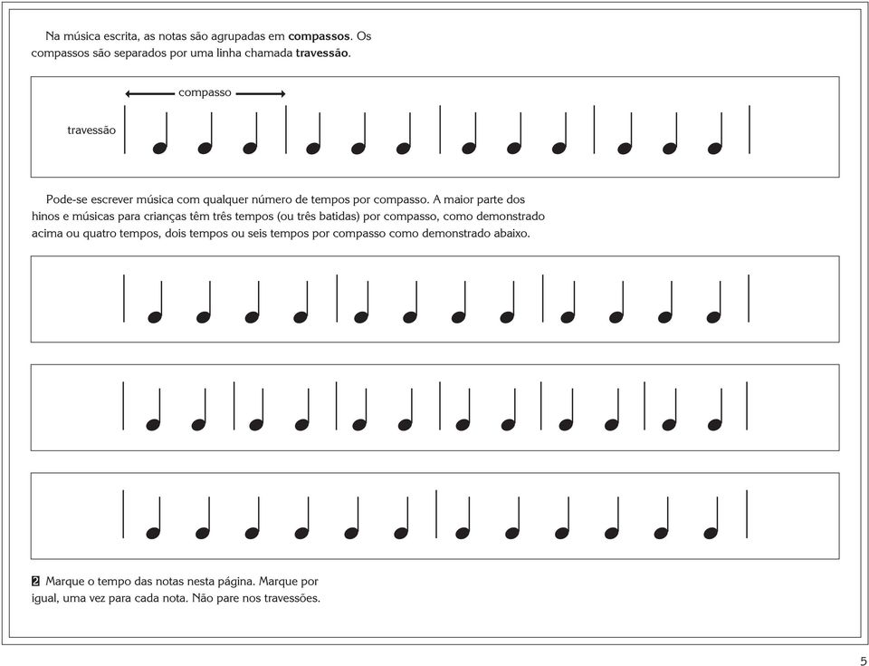 A maior parte dos hinos e músicas para crianças têm três tempos (ou três batidas) por compasso, como demonstrado acima ou quatro tempos, dois tempos ou