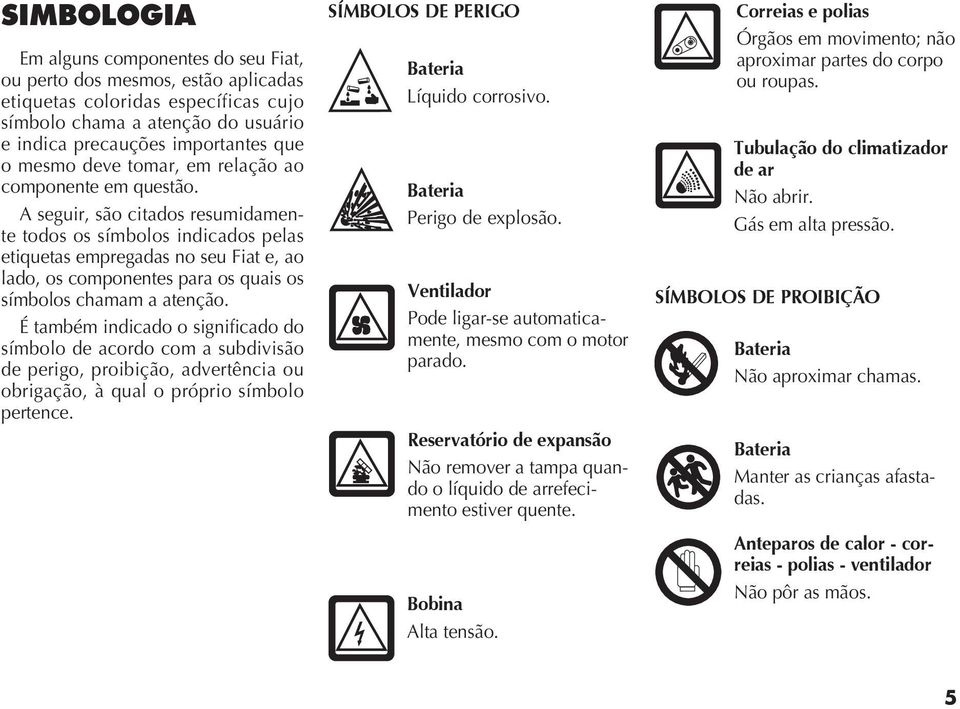 A seguir, são citados resumidamente todos os símbolos indicados pelas etiquetas empregadas no seu Fiat e, ao lado, os componentes para os quais os símbolos chamam a atenção.