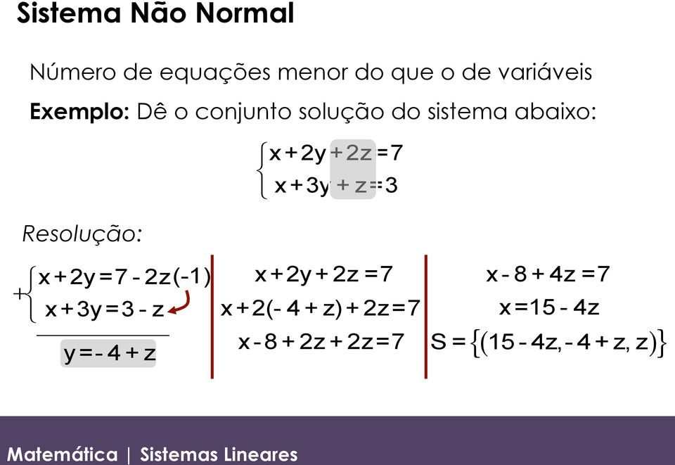 z=3 x+2y=7-2z(-1) + x+3y=3-z y=-4+z x+2y+2z=7 x+2(- 4+z)+2z=7 x -8 +