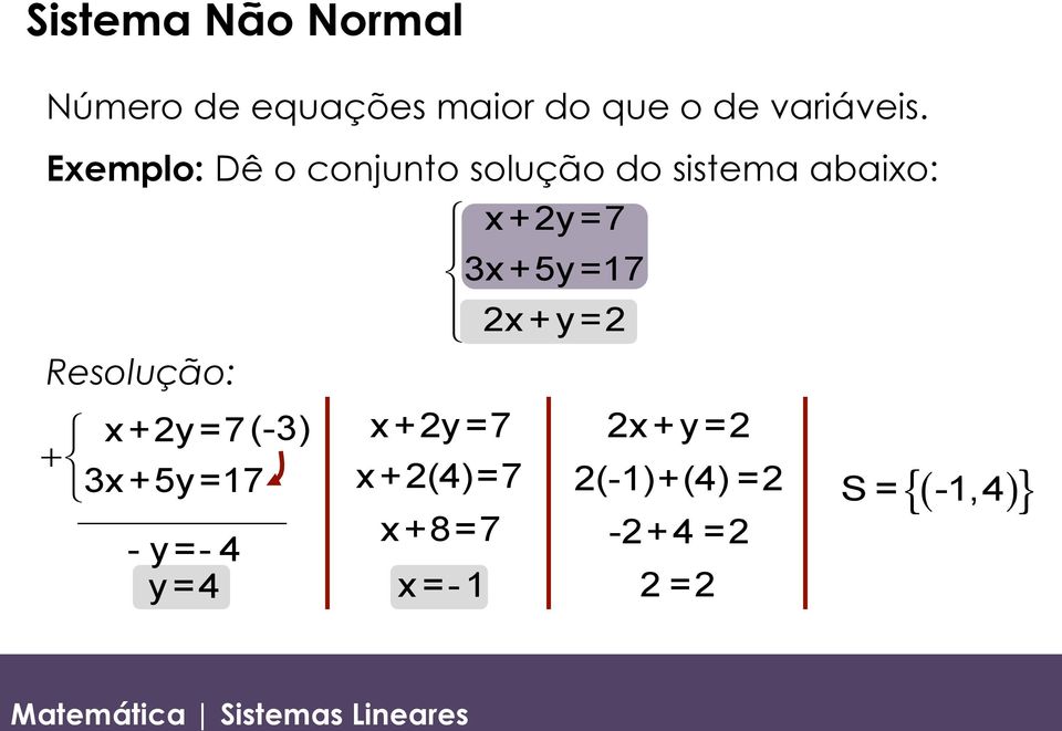 Exemplo: Dê o conjunto solução do sistema abaixo: x+2y=7(-3)