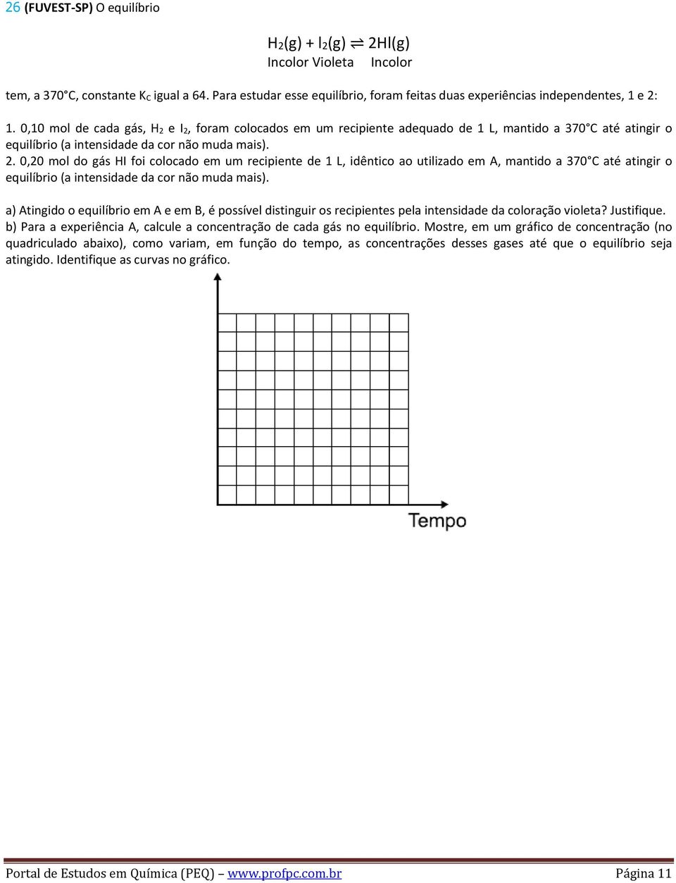 . 0,0 mol do gás HI foi colocado em um recipiente de 1 L, idêntico ao utilizado em A, mantido a 370 C até atingir o equilíbrio (a intensidade da cor não muda mais).