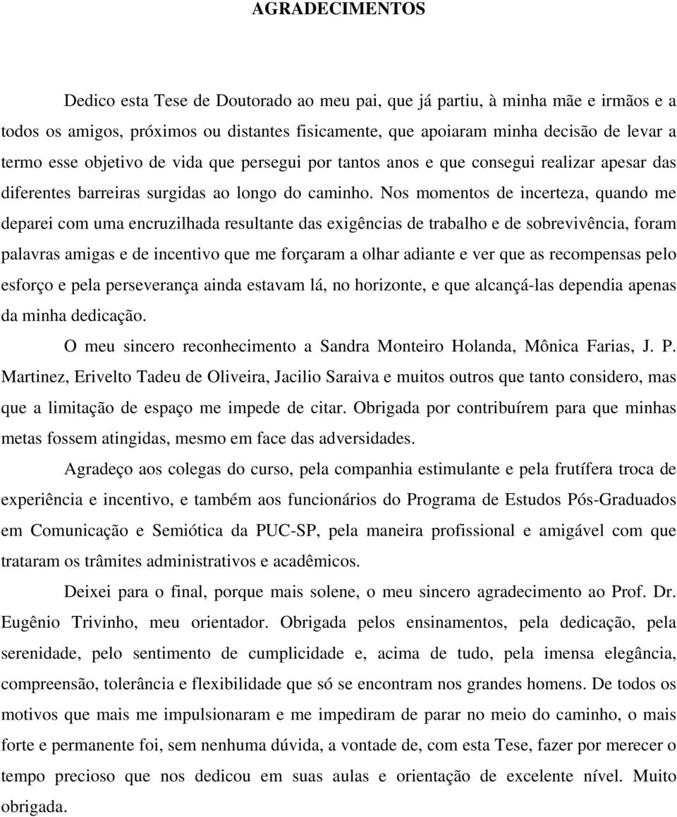 Nos momentos de incerteza, quando me deparei com uma encruzilhada resultante das exigências de trabalho e de sobrevivência, foram palavras amigas e de incentivo que me forçaram a olhar adiante e ver