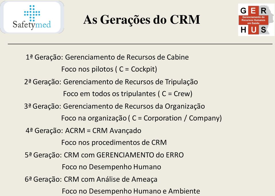 na organização ( C = Corporation / Company) 4ª Geração: ACRM = CRM Avançado Foco nos procedimentos de CRM 5ª Geração: CRM