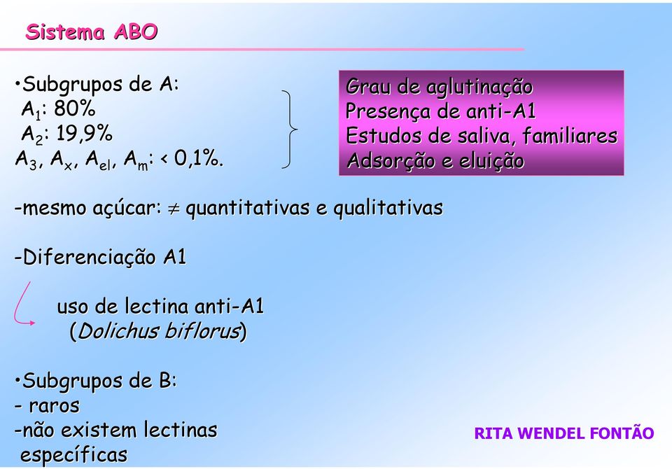 -mesmo açúa çúcar: quantitativas e qualitativas -Diferenciação A1 uso de lectina anti-a1