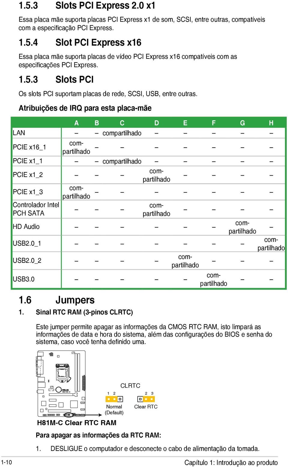 Atribuições de IRQ para esta placa-mãe A B C D E F G H LAN compartilhado PCIE x16_1 compartilhado PCIE x1_1 compartilhado PCIE x1_2 compartilhado PCIE x1_3 compartilhado Controlador Intel PCH SATA 1.