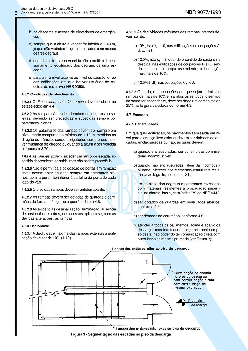 rodas (ver NBR 9050). 4.6.2 Condições de atendimento 4.6.2.1 O dimensionamento das rampas deve obedecer ao estabelecido em 4.4. 4.6.2.2 As rampas não podem terminar em degraus ou soleiras, devendo ser precedidas e sucedidas sempre por patamares planos.