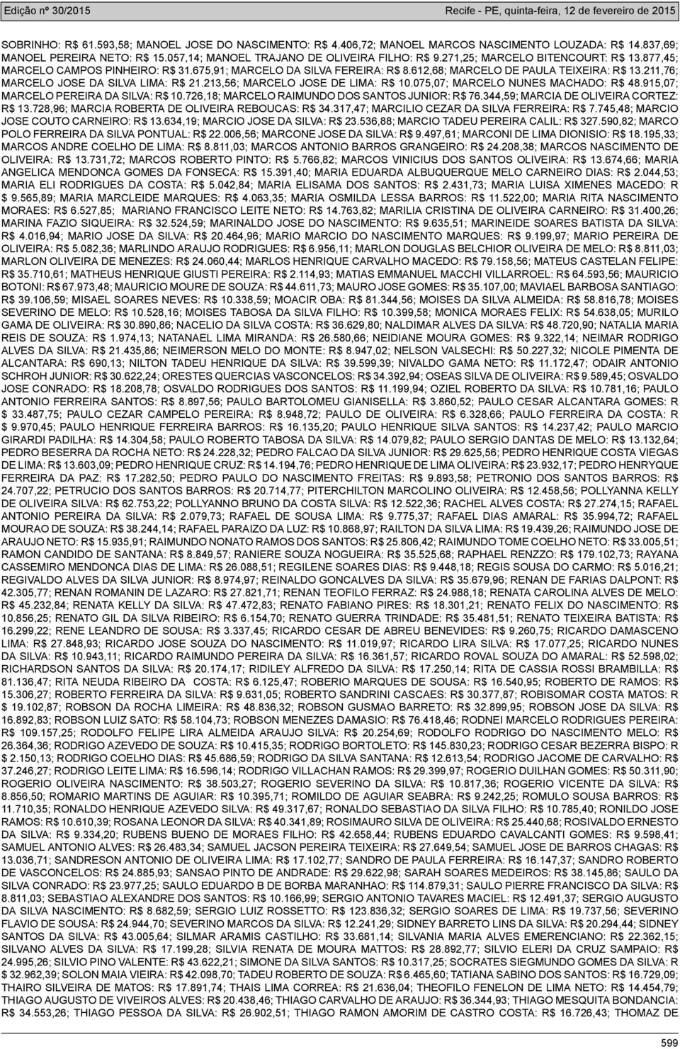 213,56; MARCELO JOSE DE LIMA: R$ 10.075,07; MARCELO NUNES MACHADO: R$ 48.915,07; MARCELO PEREIRA DA SILVA: R$ 10.726,18; MARCELO RAIMUNDO DOS SANTOS JUNIOR: R$ 76.