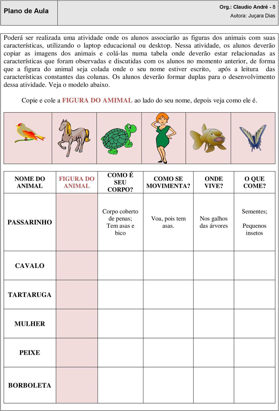 anterior, de forma que a figura do animal seja colada onde o seu nome estiver escrito, após a leitura das características constantes das colunas.