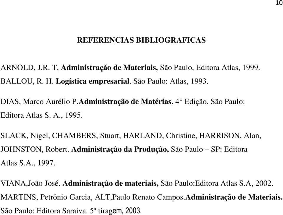 SLACK, Nigel, CHAMBERS, Stuart, HARLAND, Christine, HARRISON, Alan, JOHNSTON, Robert. Administração da Produção, São Paulo SP: Editora Atlas S.A., 1997.