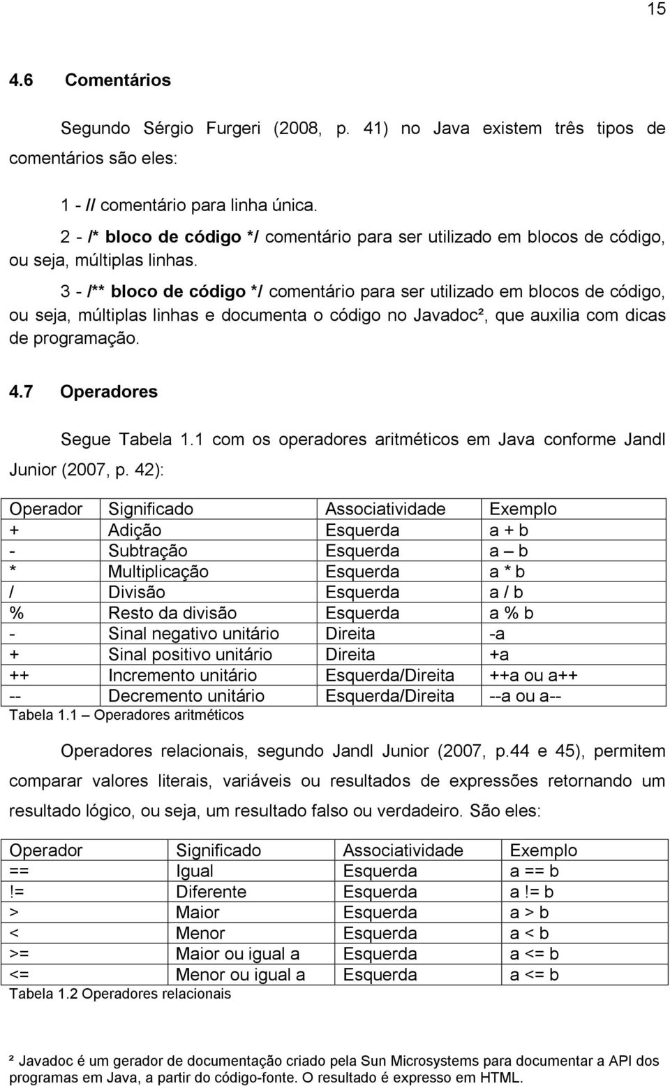 3 - /** bloco de código */ comentário para ser utilizado em blocos de código, ou seja, múltiplas linhas e documenta o código no Javadoc², que auxilia com dicas de programação. 4.