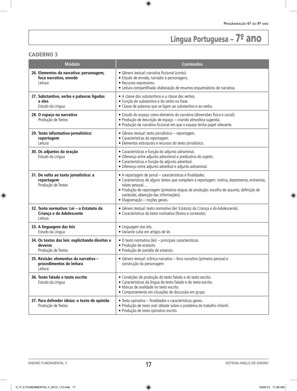 A linguagem das leis 34. Os textos das leis: explicitando direitos e deveres 35. Revisão: elementos da narrativa procedimentos de leitura 36. Texto falado e texto escrito 37.