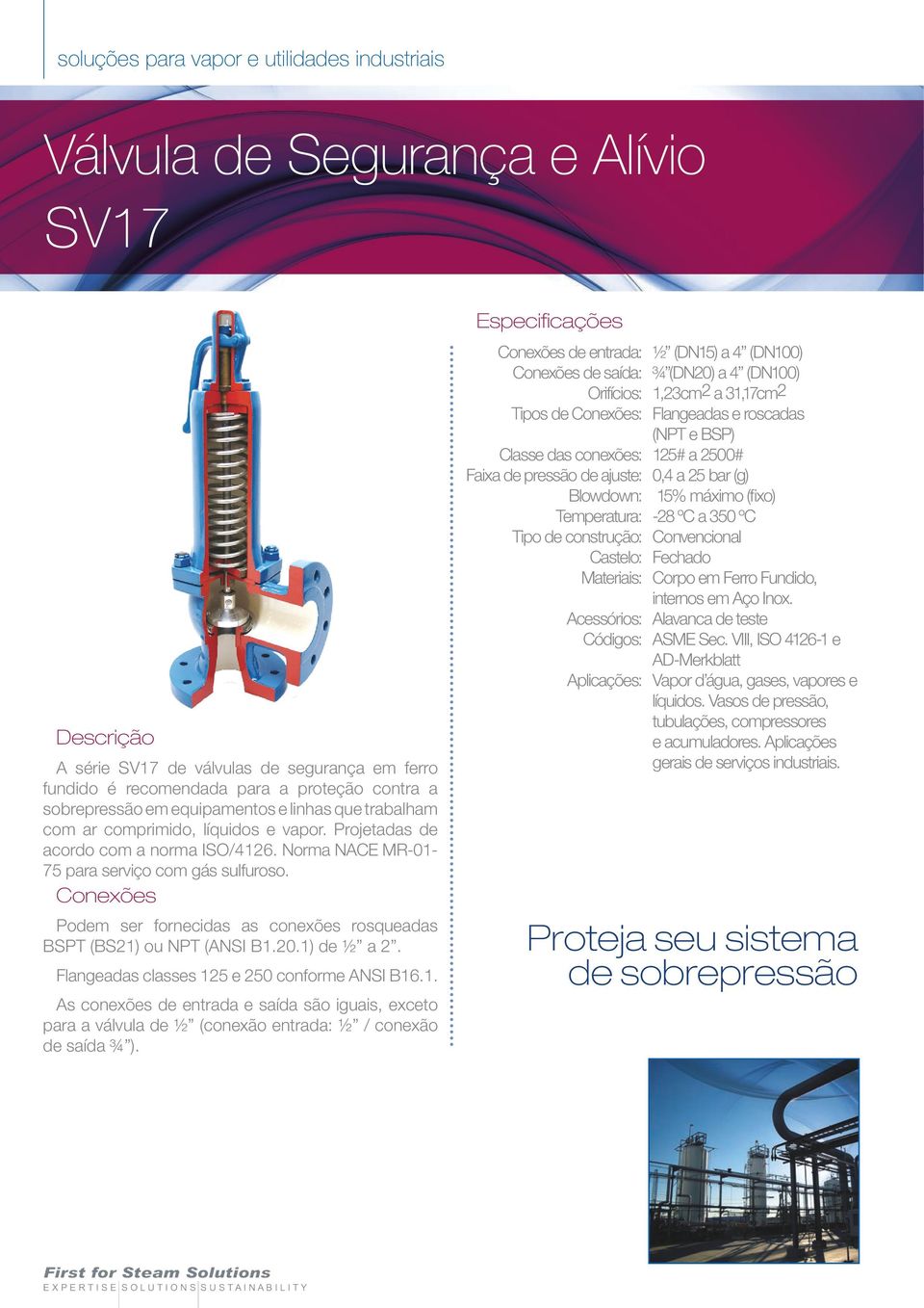 Conexões Podem ser fornecidas as conexões rosqueadas BSPT (BS21) ou NPT (ANSI B1.20.1) de ½ a 2. Flangeadas classes 125 e 250 conforme ANSI B16.1. As conexões de entrada e saída são iguais, exceto para a válvula de ½ (conexão entrada: ½ / conexão de saída ¾ ).