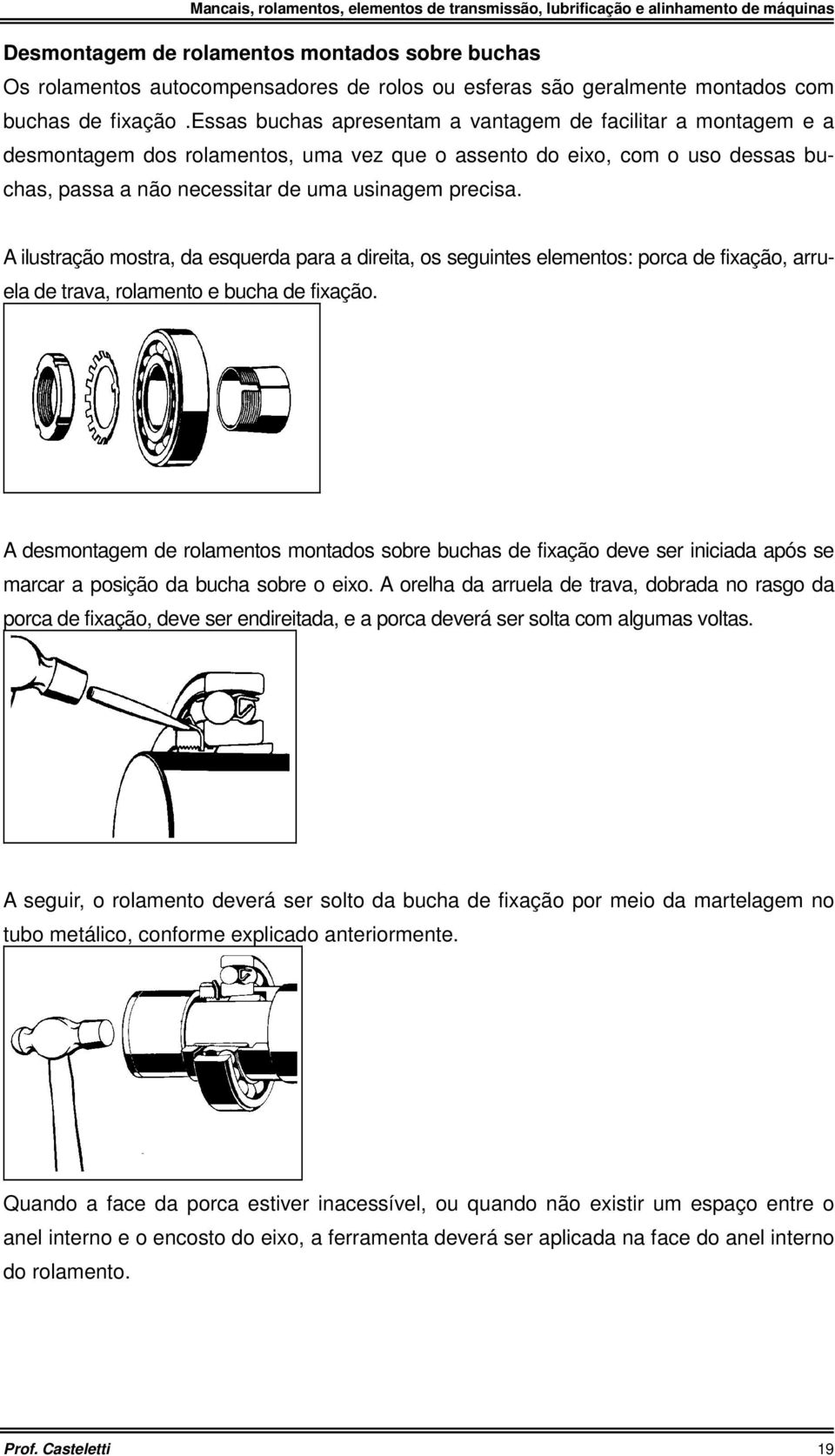 A ilustração mostra, da esquerda para a direita, os seguintes elementos: porca de fixação, arruela de trava, rolamento e bucha de fixação.