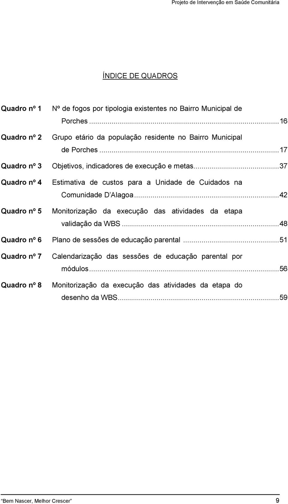 .. 37 Quadro nº 4 Quadro nº 5 Estimativa de custos para a Unidade de Cuidados na Comunidade D Alagoa.