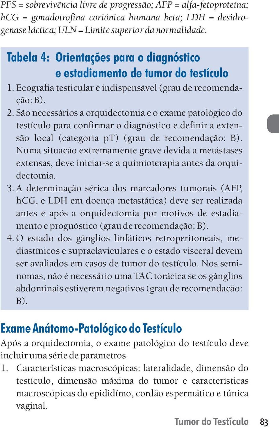 São necessários a orquidectomia e o exame patológico do testículo para confirmar o diagnóstico e definir a extensão local (categoria pt) (grau de recomendação: B).