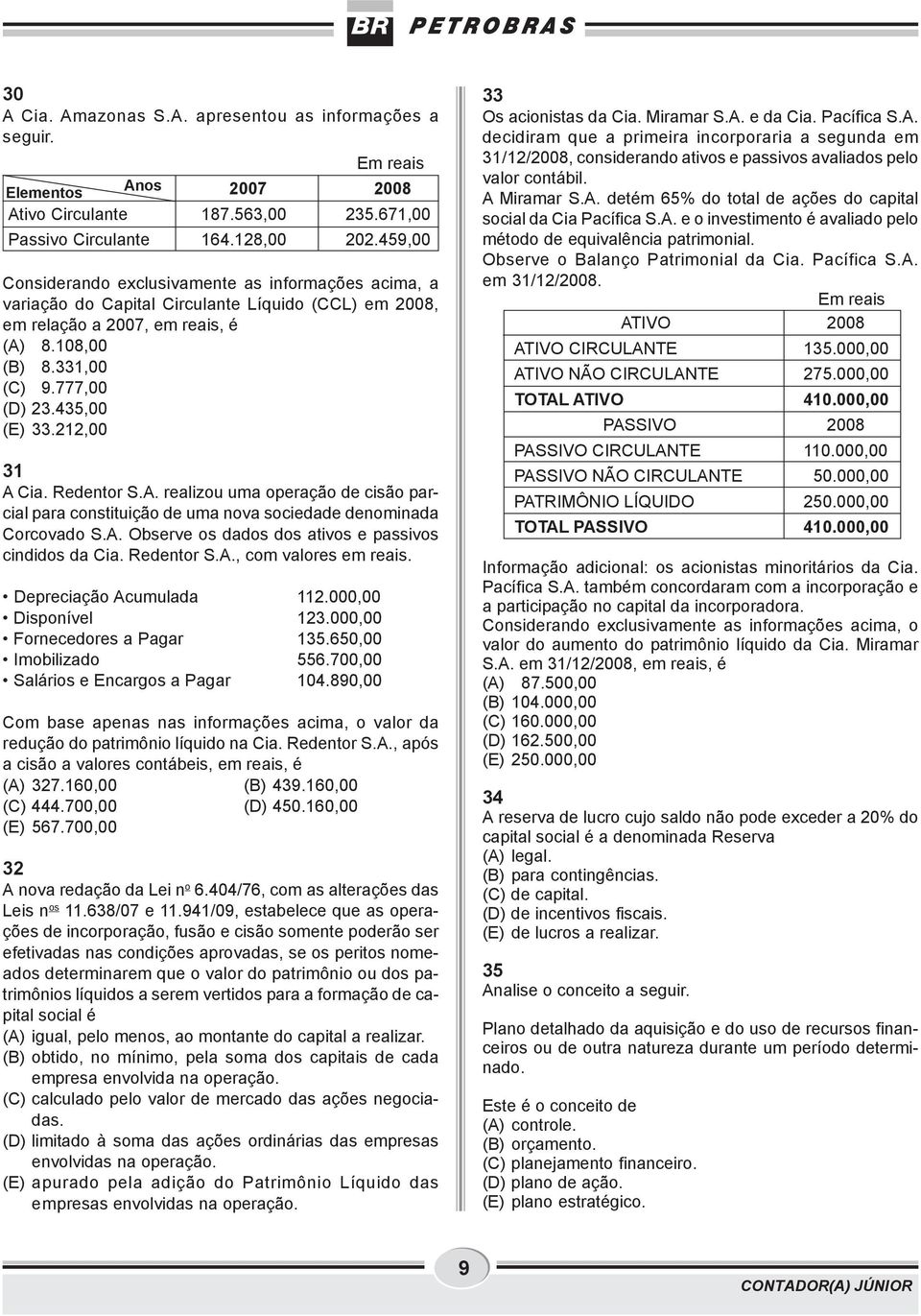 435,00 (E) 33.212,00 31 A Cia. Redentor S.A. realizou uma operação de cisão parcial para constituição de uma nova sociedade denominada Corcovado S.A. Observe os dados dos ativos e passivos cindidos da Cia.