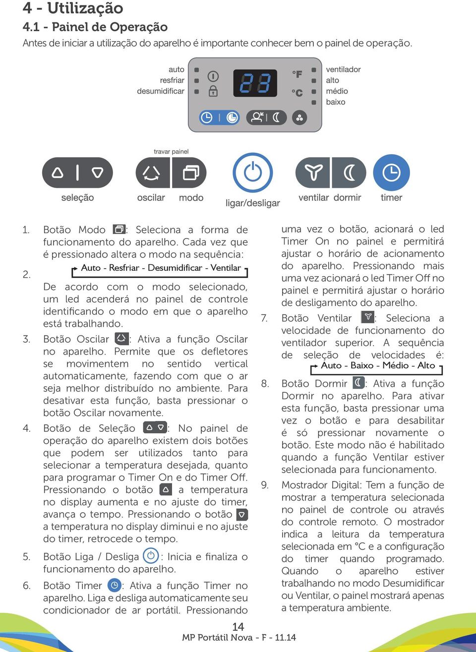 De acordo com o modo selecionado, um led acenderá no painel de controle identificando o modo em que o aparelho está trabalhando.. Botão Oscilar : Ativa a função Oscilar no aparelho.