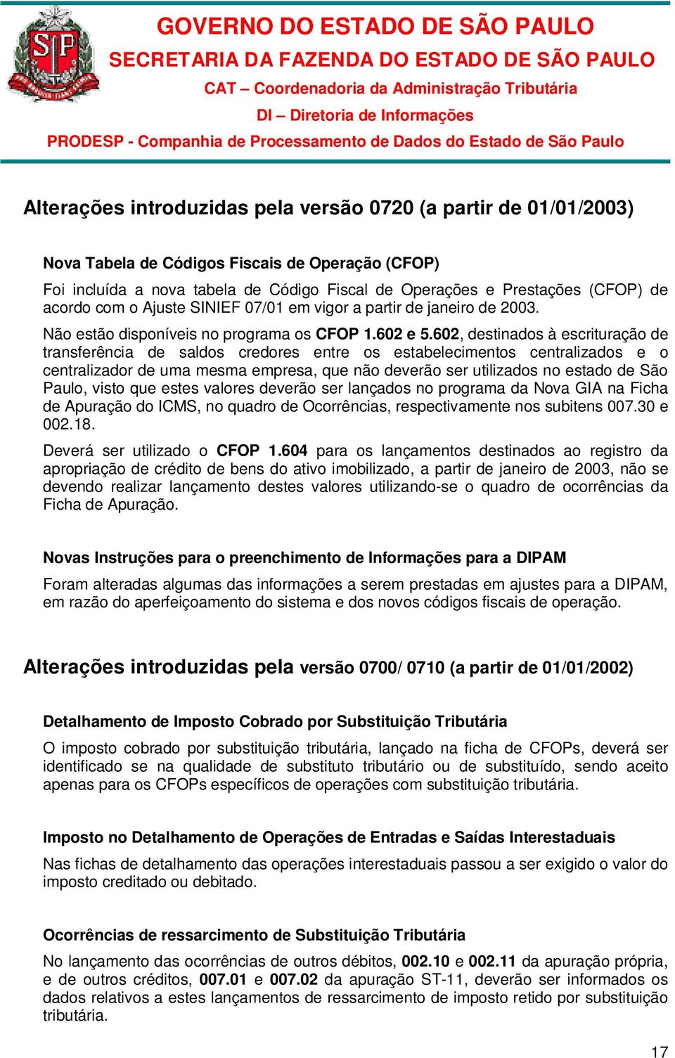 602, destinados à escrituração de transferência de saldos credores entre os estabelecimentos centralizados e o centralizador de uma mesma empresa, que não deverão ser utilizados no estado de São