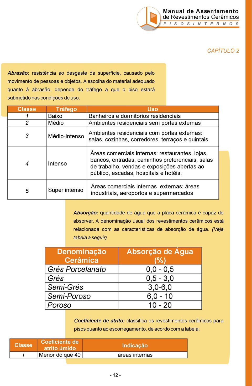 Classe Tráfego Uso 1 Baixo Banheiros e dormitórios residenciais 2 Médio Ambientes residenciais sem portas externas 3 Médio-intenso Ambientes residenciais com portas externas: salas, cozinhas,