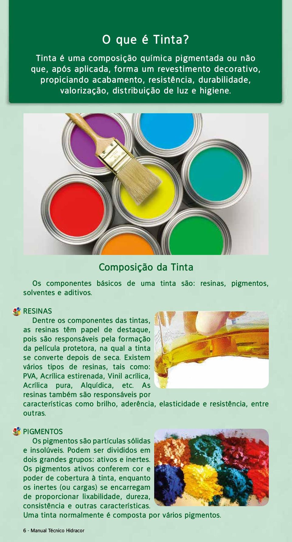 Composição da Tinta Os componentes básicos de uma tinta são: resinas, pigmentos, solventes e aditivos.