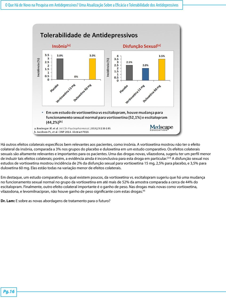 A vortioxetina mostrou não ter o efeito colateral da insônia, comparada a 3% nos grupos do placebo e duloxetina em um estudo comparativo.