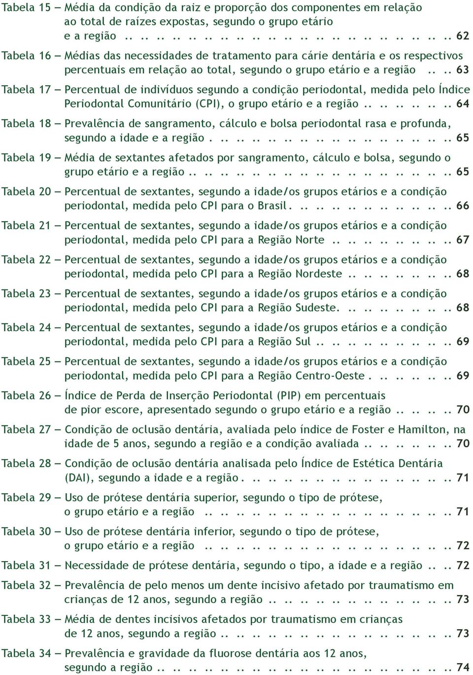 .... 63 Tabela 17 Percentual de indivíduos segundo a condição periodontal, medida pelo Índice Periodontal Comunitário (CPI), o grupo etário e a região.