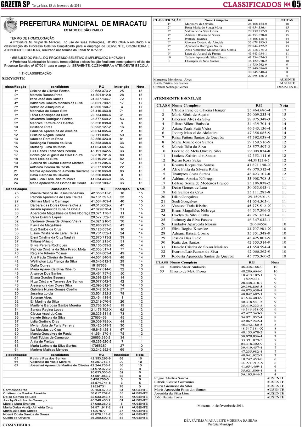 Simplificado para o emprego de SERVENTE, COZINHEIRA E ATENDENTE ATENDENTE ESCOLAR, ESCOLAR, realizado realizado nos nos termos termos do Edital do Edital Nº 07/2011.