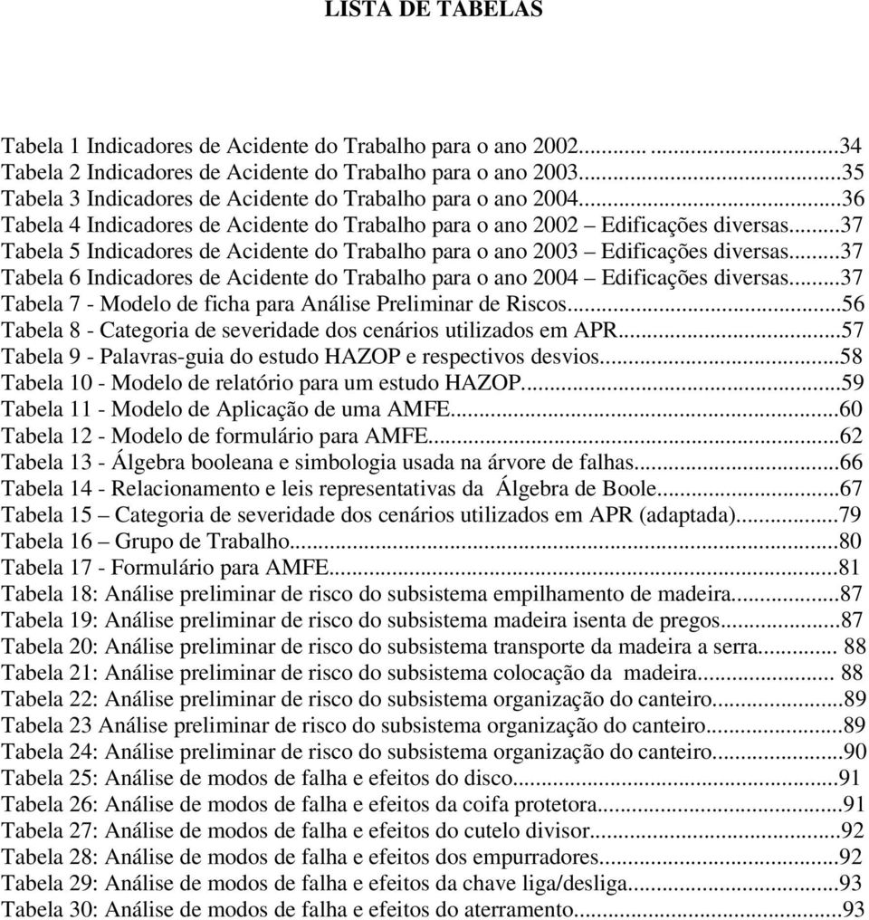 ..37 Tabela 5 Indicadores de Acidente do Trabalho para o ano 2003 Edificações diversas...37 Tabela 6 Indicadores de Acidente do Trabalho para o ano 2004 Edificações diversas.