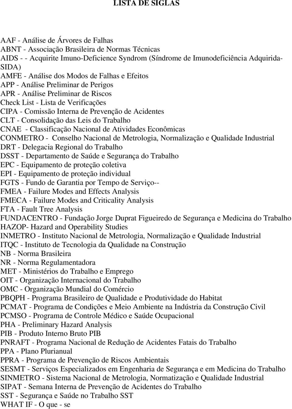 Consolidação das Leis do Trabalho CNAE - Classificação Nacional de Atividades Econômicas CONMETRO - Conselho Nacional de Metrologia, Normalização e Qualidade Industrial DRT - Delegacia Regional do