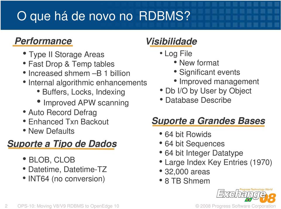 APW scanning Auto Record Defrag Enhanced Txn Backout New Defaults Suporte a Tipo de Dados BLOB, CLOB Datetime, Datetime-TZ INT64 (no conversion)