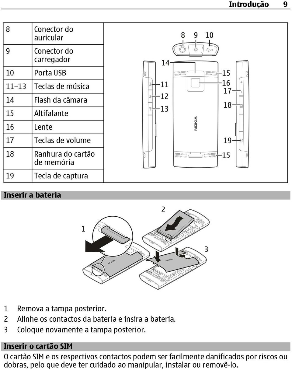 2 Alinhe os contactos da bateria e insira a bateria. 3 Coloque novamente a tampa posterior.