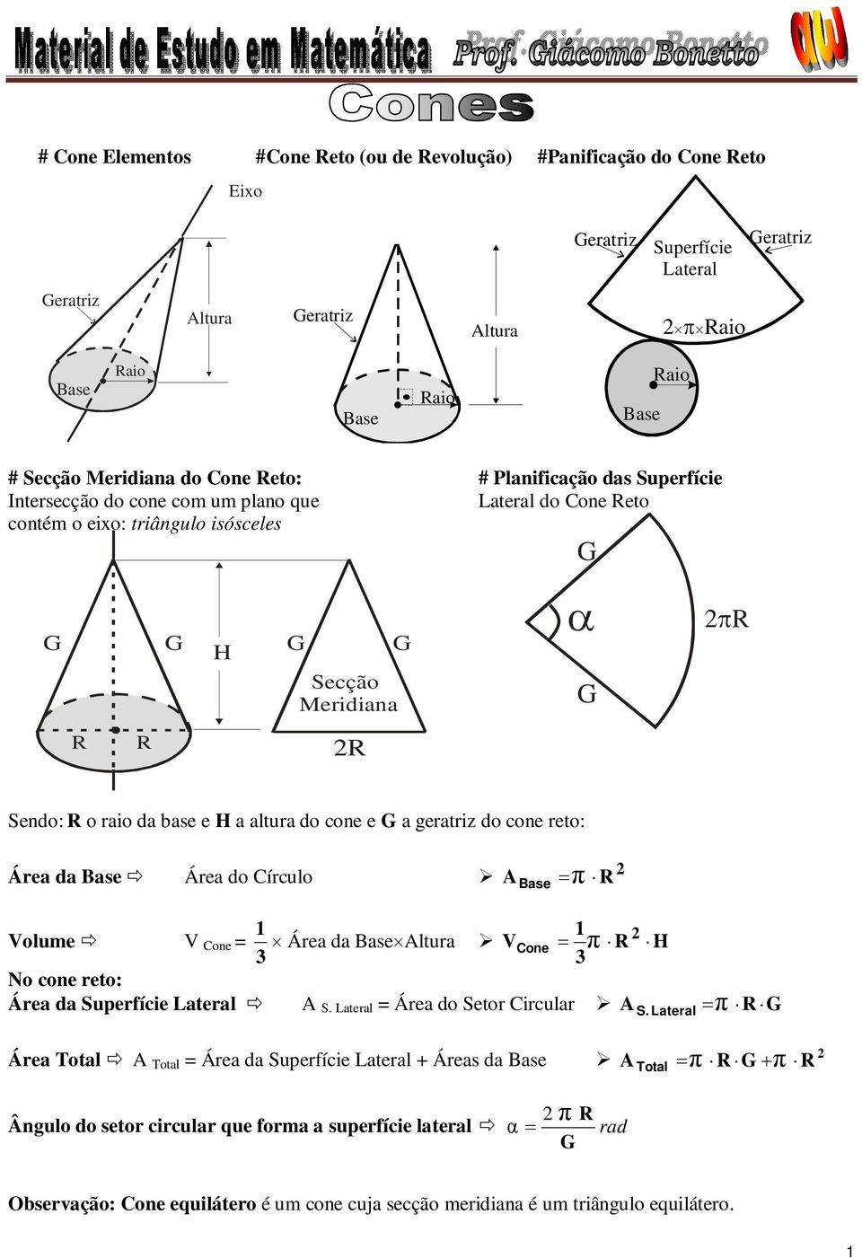 do cone e a geratriz do cone reto: Área da Base Área do Círculo A Base π R Volume 1 V Cone = Área da Base Altura 1 R VCone π H No cone reto: Área da Superfície Lateral A S.