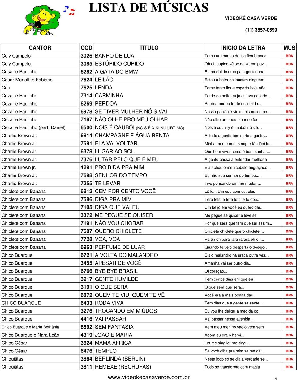 .. BRA César Menotti e Fabiano 7624 LEILÃO Estou à beira da loucura ninguém BRA Céu 7625 LENDA Tome tento fique esperto hoje não BRA Cezar e Paulinho 7314 CARMINHA Tarde da noite eu já estava deitado.