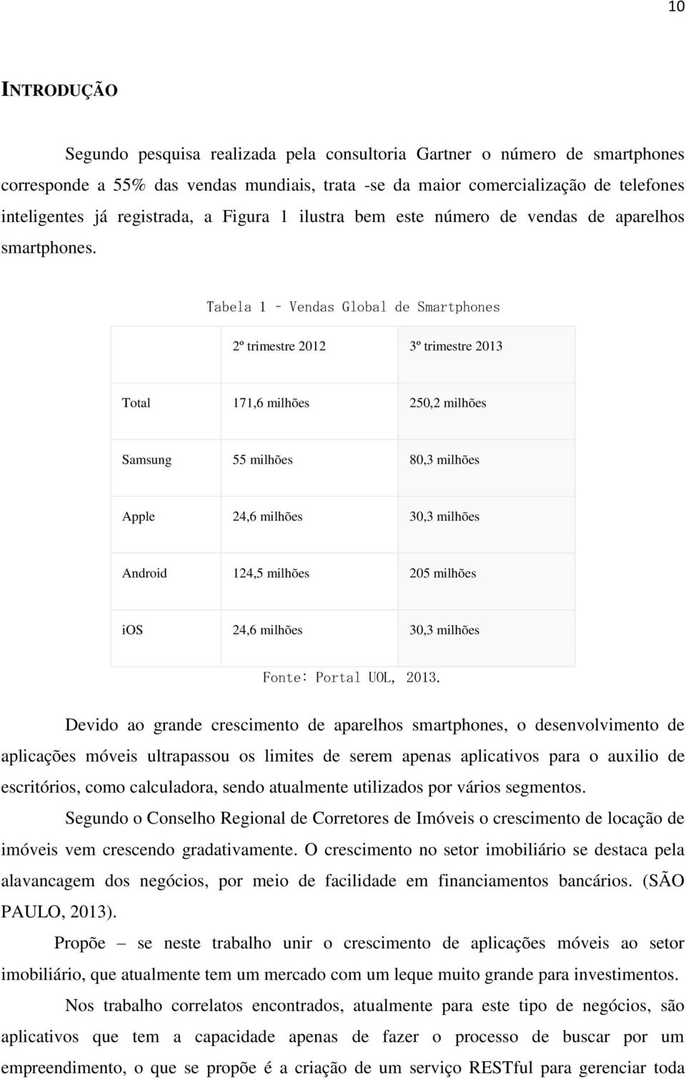 Tabela 1 Vendas Global de Smartphones 2º trimestre 2012 3º trimestre 2013 Total 171,6 milhões 250,2 milhões Samsung 55 milhões 80,3 milhões Apple 24,6 milhões 30,3 milhões Android 124,5 milhões 205