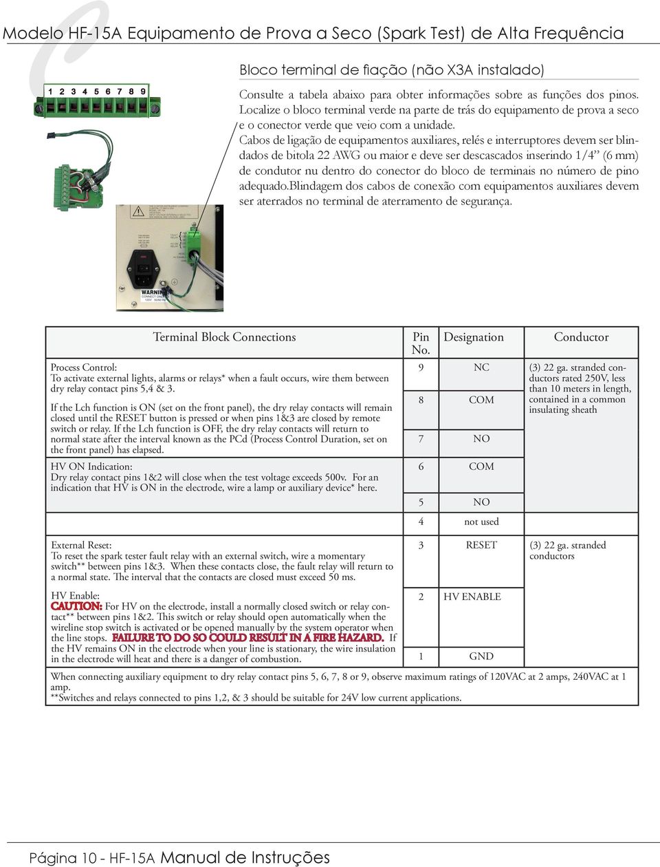 Cabos de ligação de equipamentos auxiliares, relés e interruptores devem ser blindados de bitola 22 AWG ou maior e deve ser descascados inserindo 1/4 (6 mm) de condutor nu dentro do conector do bloco