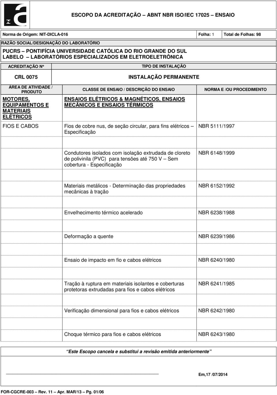 NBR 5111/1997 Condutores isolados com isolação extrudada de cloreto de polivinila (PVC) para tensões até 750 V Sem cobertura - Especificação NBR 6148/1999 Materiais metálicos - Determinação das