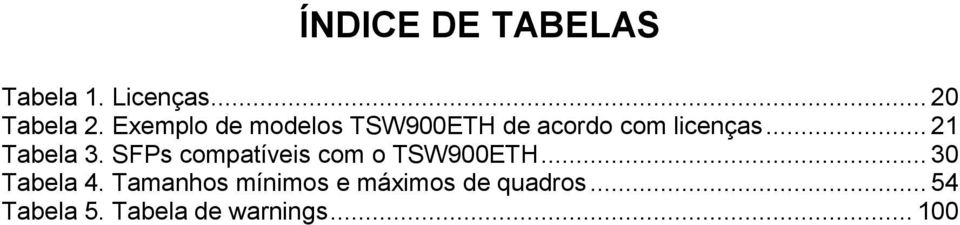 SFPs cmpatíveis cm TSW900ETH... 30 Tabela 4.