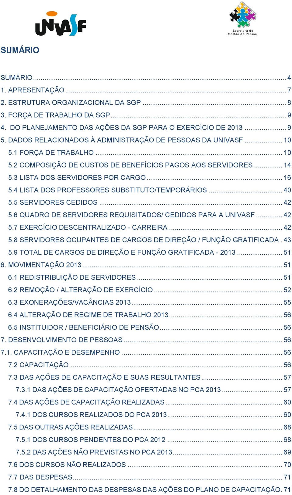 .. 14 5.3 LISTA DOS SERVIDORES POR CARGO... 16 5.4 LISTA DOS PROFESSORES SUBSTITUTO/TEMPORÁRIOS... 40 5.5 SERVIDORES CEDIDOS... 42 5.6 QUADRO DE SERVIDORES REQUISITADOS/ CEDIDOS PARA A UNIVASF... 42 5.7 EXERCÍCIO DESCENTRALIZADO - CARREIRA.