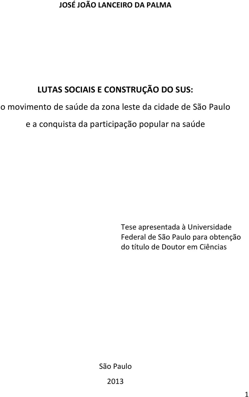 da participação popular na saúde Tese apresentada à Universidade