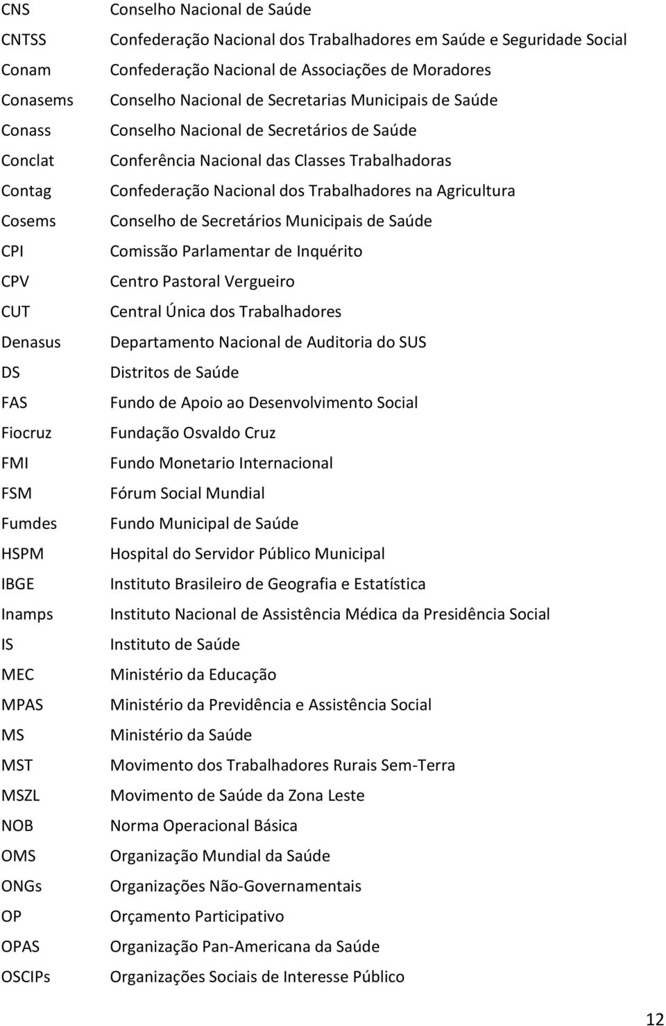 Secretários de Saúde Conferência Nacional das Classes Trabalhadoras Confederação Nacional dos Trabalhadores na Agricultura Conselho de Secretários Municipais de Saúde Comissão Parlamentar de