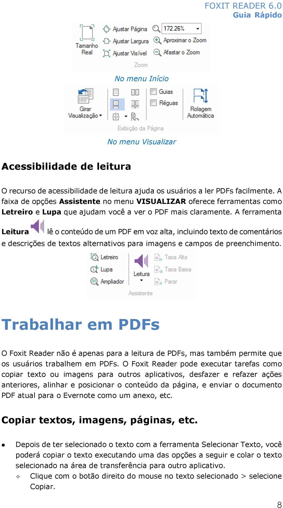 A ferramenta Leitura lê o conteúdo de um PDF em voz alta, incluindo texto de comentários e descrições de textos alternativos para imagens e campos de preenchimento.