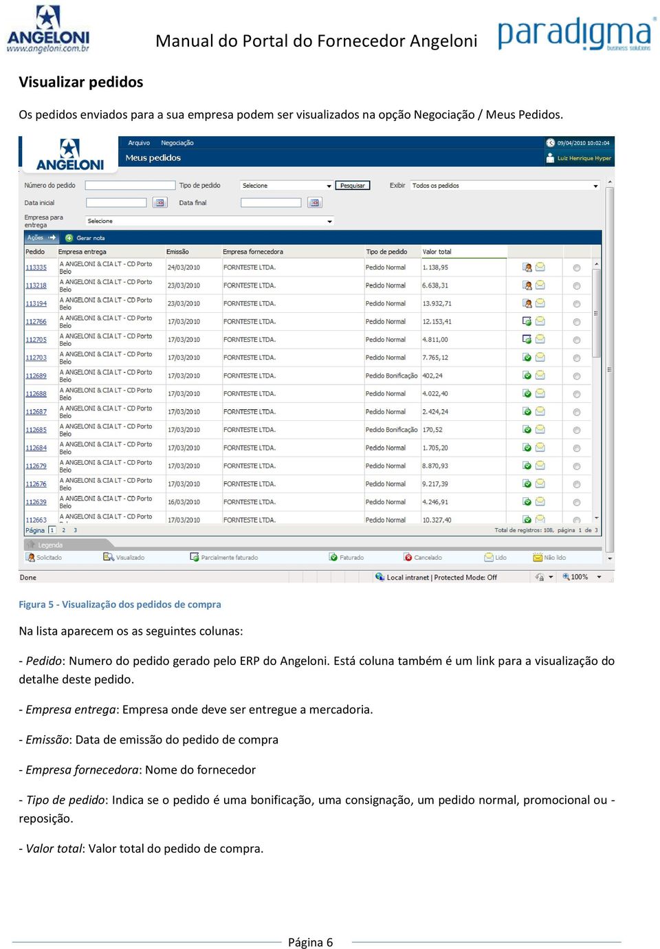 Está coluna também é um link para a visualização do detalhe deste pedido. - Empresa entrega: Empresa onde deve ser entregue a mercadoria.