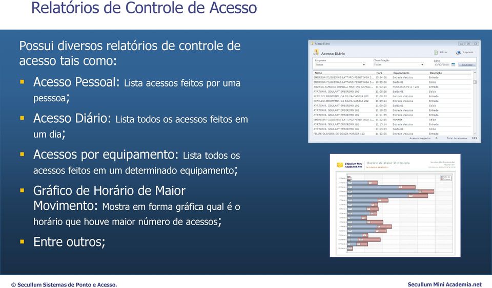 Acessos por equipamento: Lista todos os acessos feitos em um determinado equipamento; Gráfico de Horário