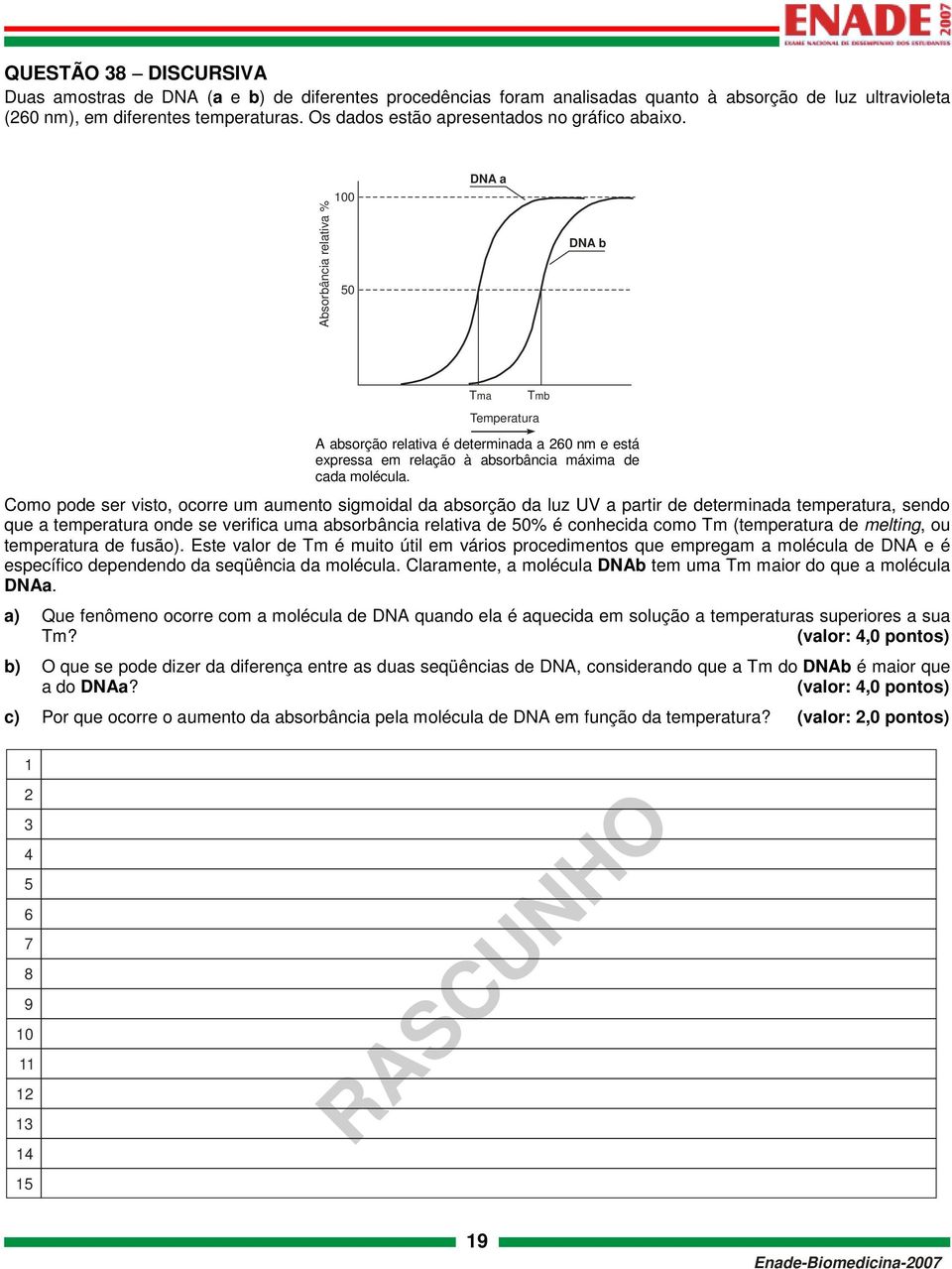 Absorbância relativa % 100 50 DNA a DNA b Tma Tmb Temperatura A absorção relativa é determinada a 260 nm e está expressa em relação à absorbância máxima de cada molécula.