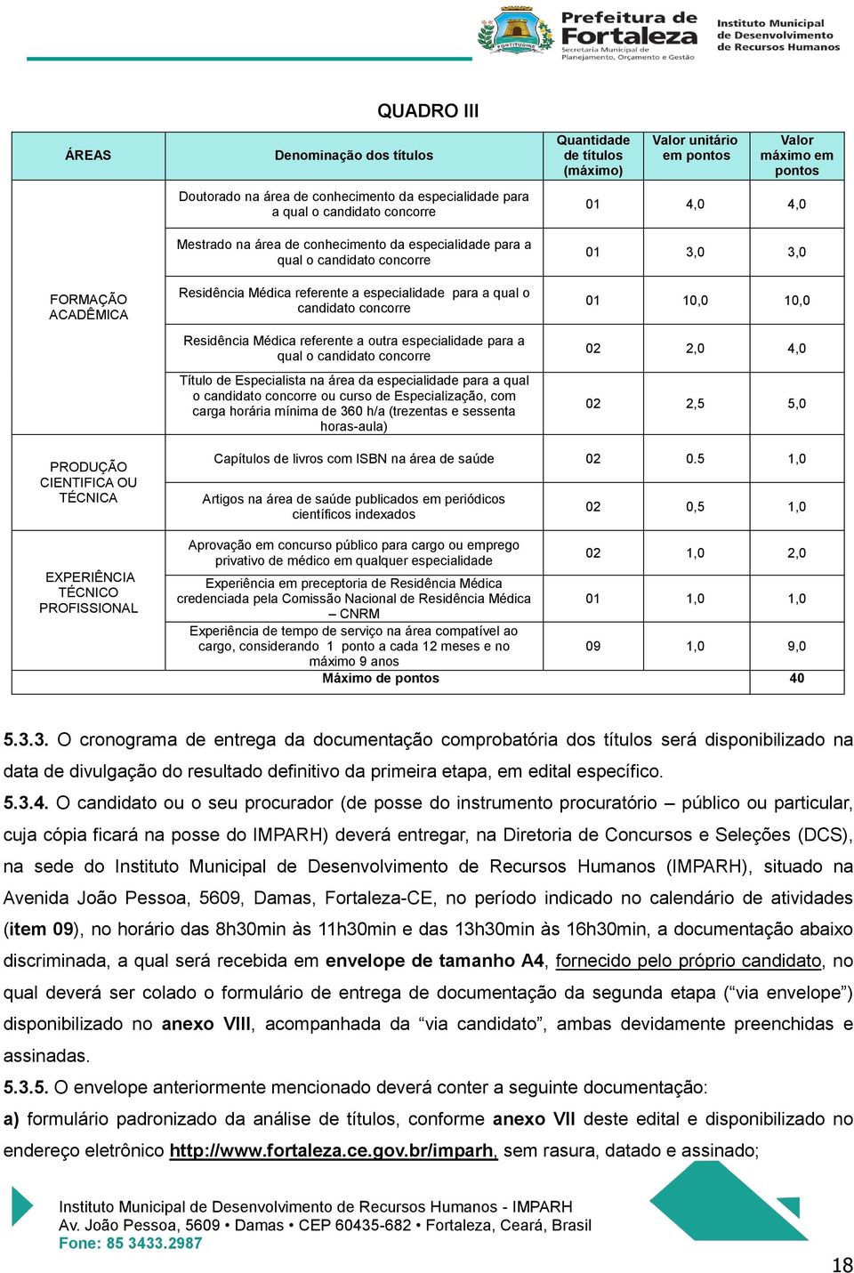 Especialista na área da especialidade para a qual o candidato concorre ou curso de Especialização, com carga horária mínima de 360 h/a (trezentas e sessenta horas-aula) Quantidade de títulos (máximo)