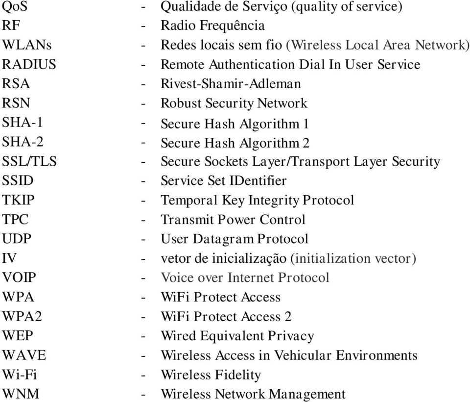 IDentifier TKIP - Temporal Key Integrity Protocol TPC - Transmit Power Control UDP - User Datagram Protocol IV - vetor de inicialização (initialization vector) VOIP - Voice over Internet