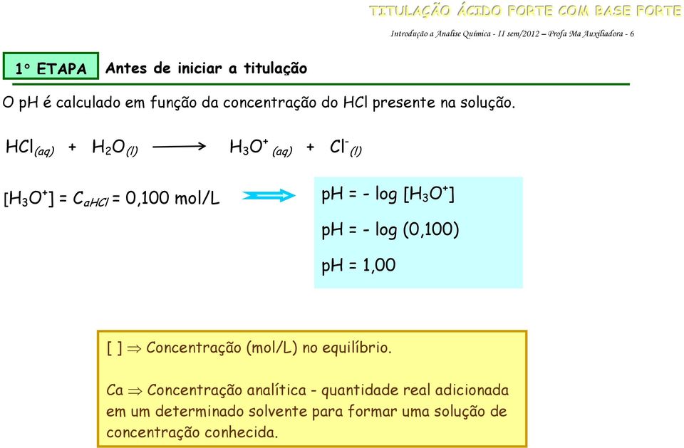 HCl (aq) + H 2 O (l) H 3 O + (aq) + Cl - (l) [H 3 O + ] = C ahcl = 0,100 mol/l ph = - log [H 3 O + ] ph = - log (0,100) ph =