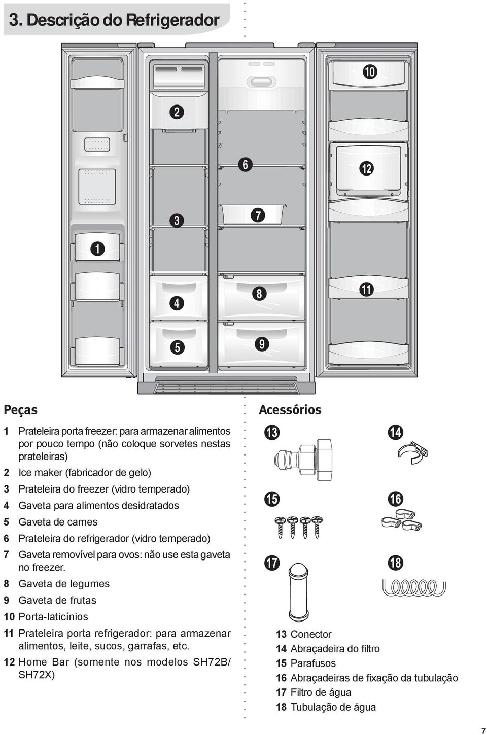 esta gaveta no freezer. 8 Gaveta de legumes 9 Gaveta de frutas 10 Porta-laticínios 11 Prateleira porta refrigerador: para armazenar alimentos, leite, sucos, garrafas, etc.