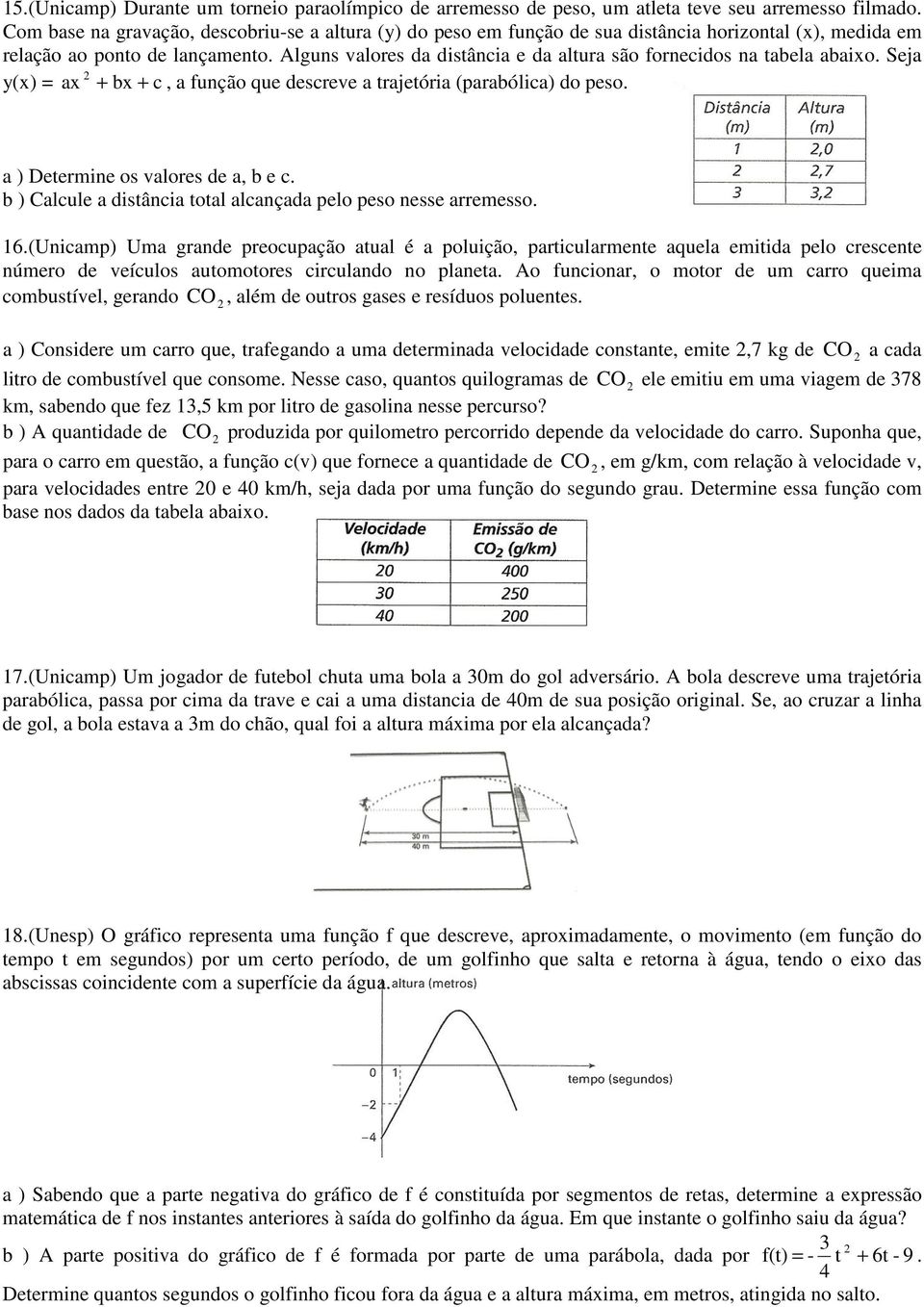 Alguns valores da distância e da altura são fornecidos na tabela abaio. Seja y() = a + b + c, a função que descreve a trajetória (parabólica) do peso. a ) Determine os valores de a, b e c.